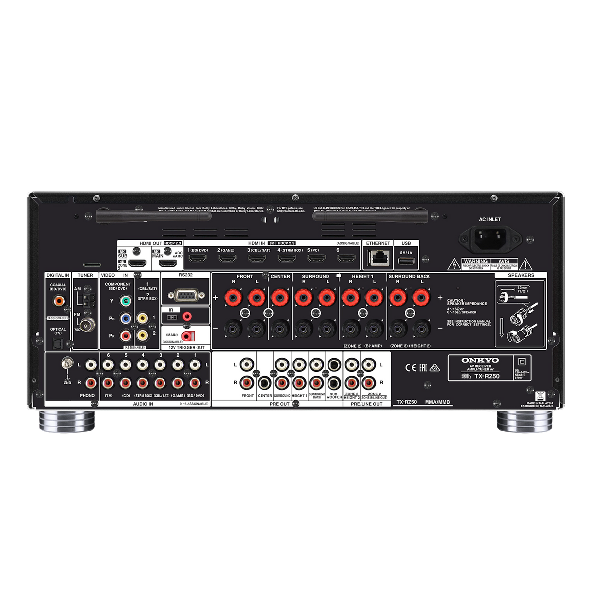Onkyo TX-RZ50. Receptor AV 9.2 Canales 120W Class AB con Dirac Live, THX Select, HDMI 2.1 8K y Pre-outs 11.2